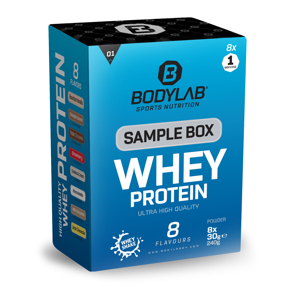 Whey Protein Probierboxen (8 Proben je 30g) Box 1: Bourbon Vanilla - Chocolate Coconut - Triple Chocolate - Strawberry White Chocolate - Cookies & Cream - Stracciatella - Milk Chocolate - Lemon Cheesecake