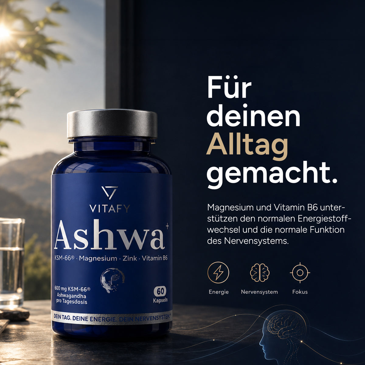 Ashwa+ Ashwagandha KSM-66® mit Magnesium, Zink & Vitamin B6 (60 Kapseln)