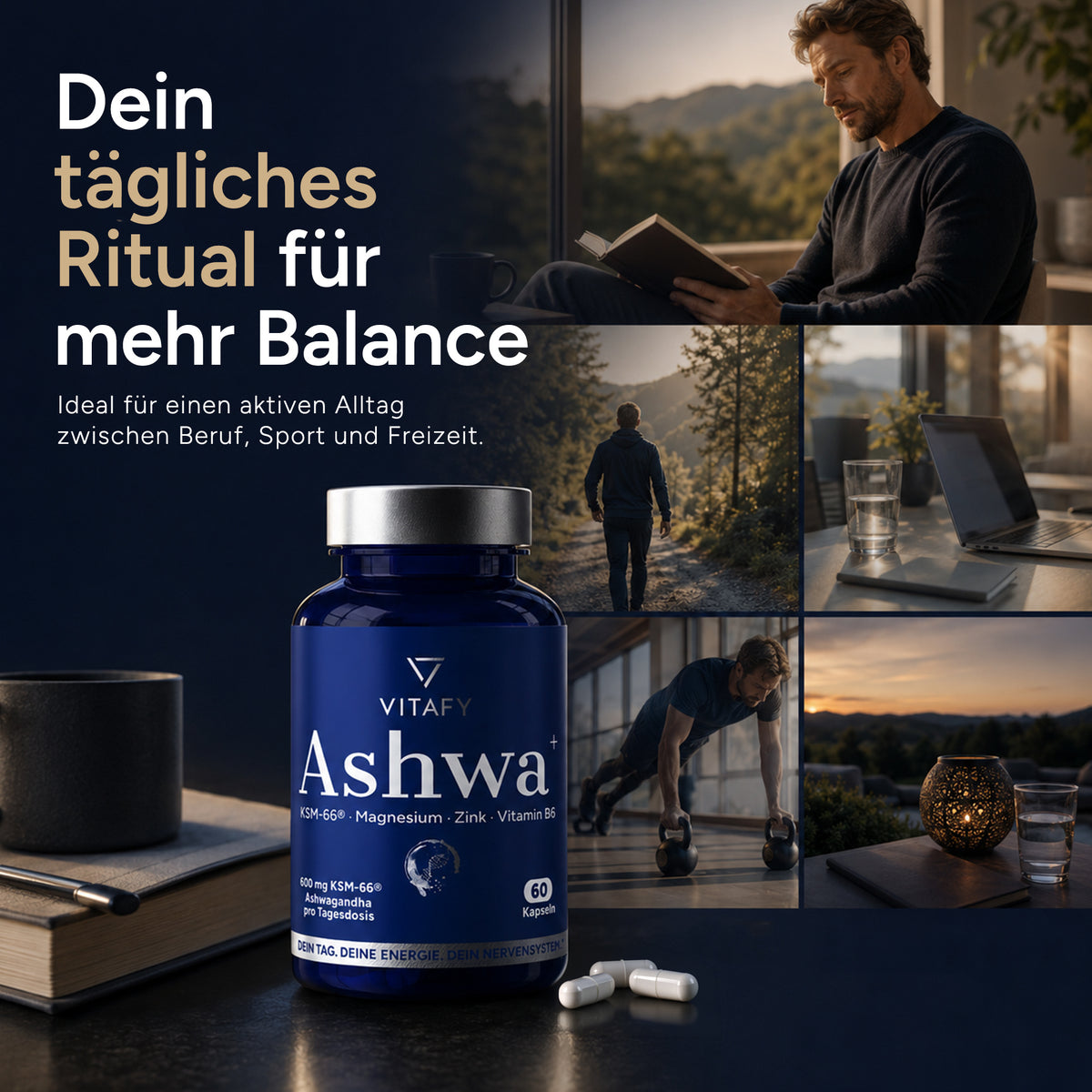 Ashwa+ Ashwagandha KSM-66® mit Magnesium, Zink & Vitamin B6 (60 Kapseln)