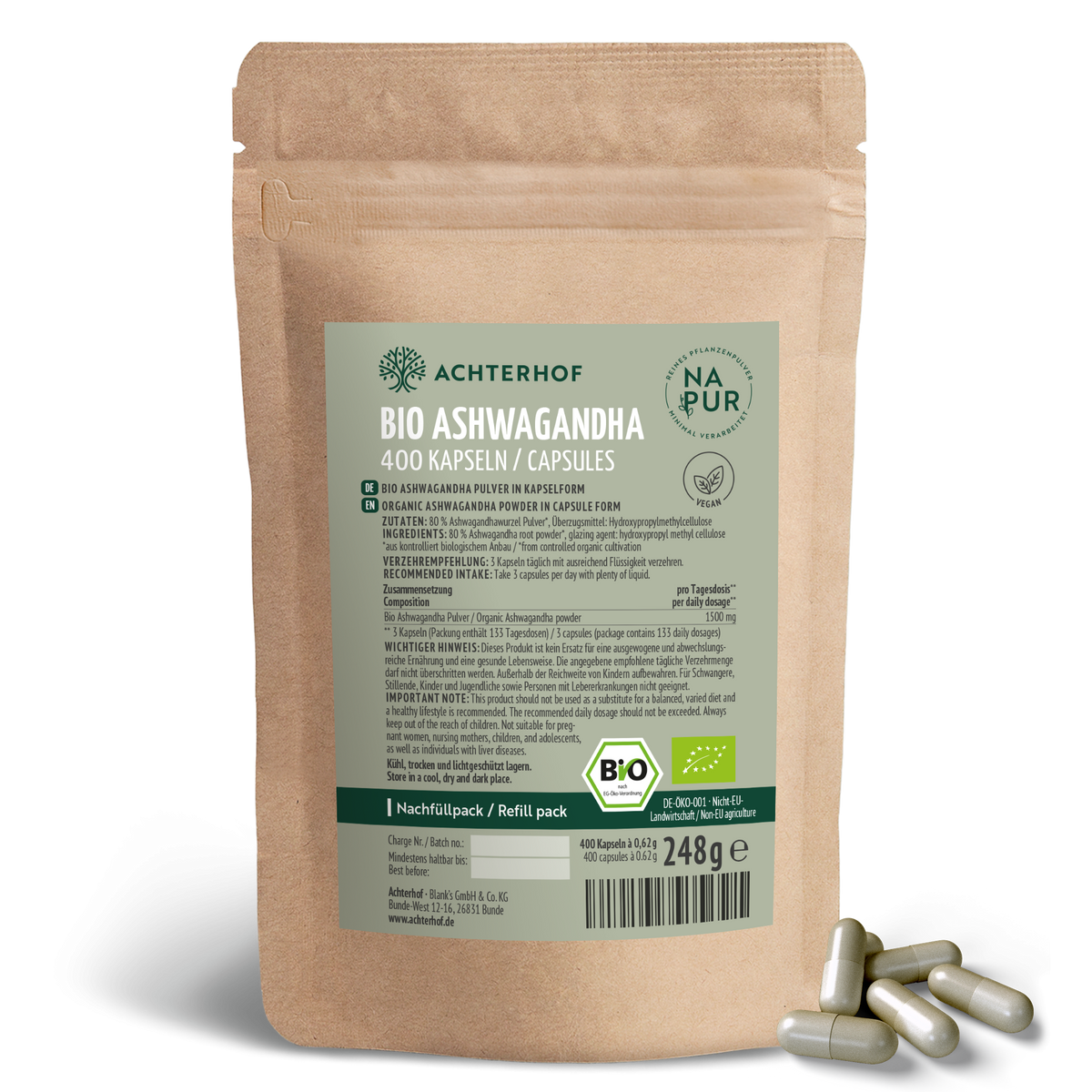 Bio Ashwagandha Kapseln Nachfüllpack (400 Kapseln)