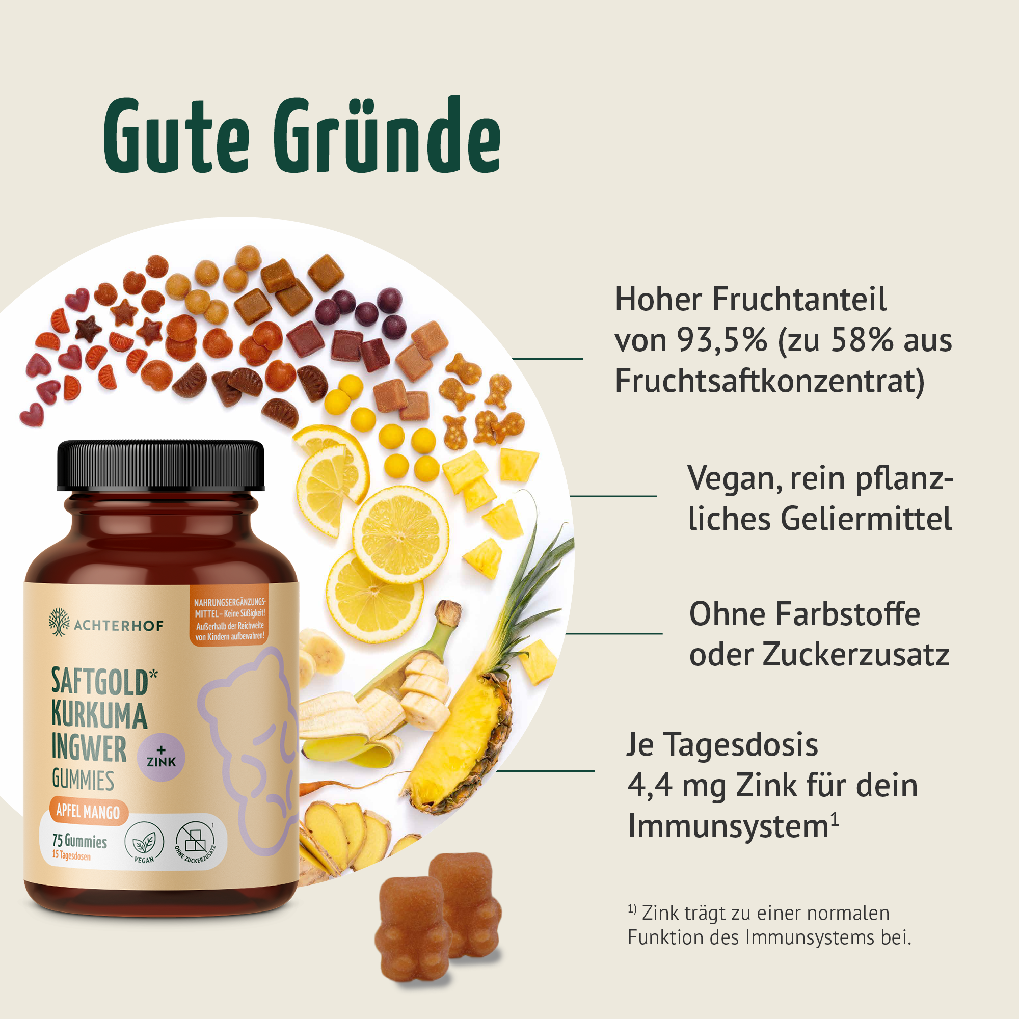 Saftgold Kurkuma Ingwer Gummies Apfel Mango + Zink (75 Stück)